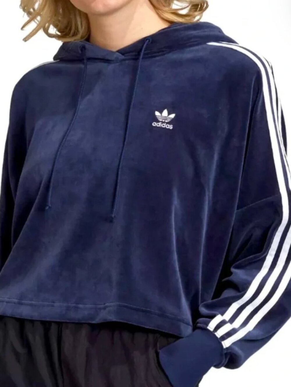 Adidas Navy Velour Cropped Hoodie
